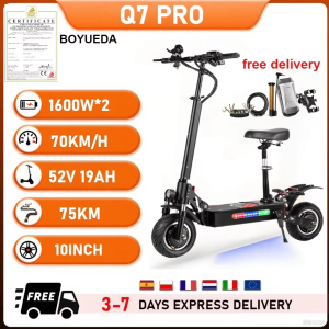 BOYUEDA Q7 Pro Electric Scooter, 2*1600W Motor, 52V 19AH Battery, 10" Tire Escooter, 70km/h Speed, 70km Range, Dual Disc Brakes